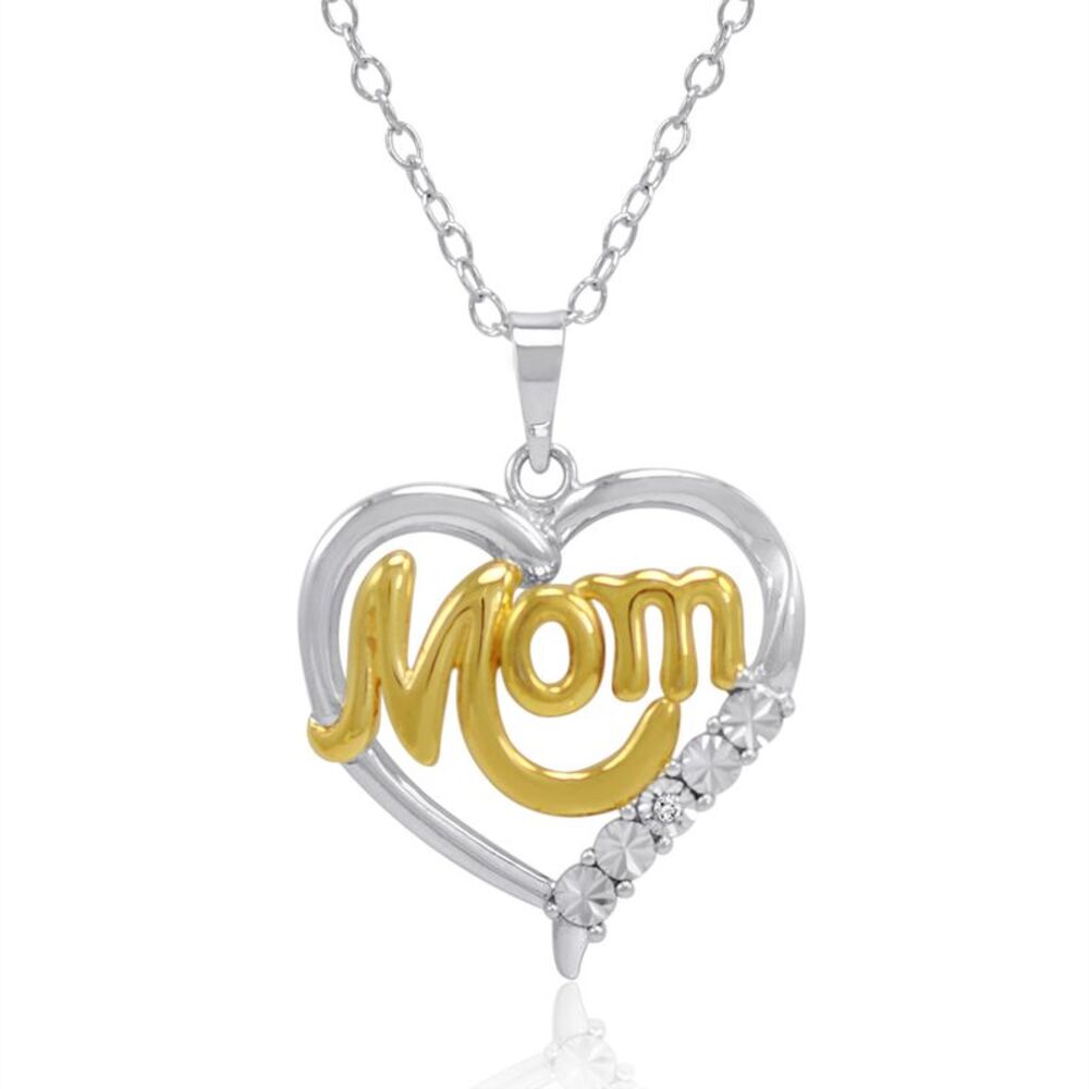 Two Tone Sterling Silver Mom in Diamond Heart Pendant